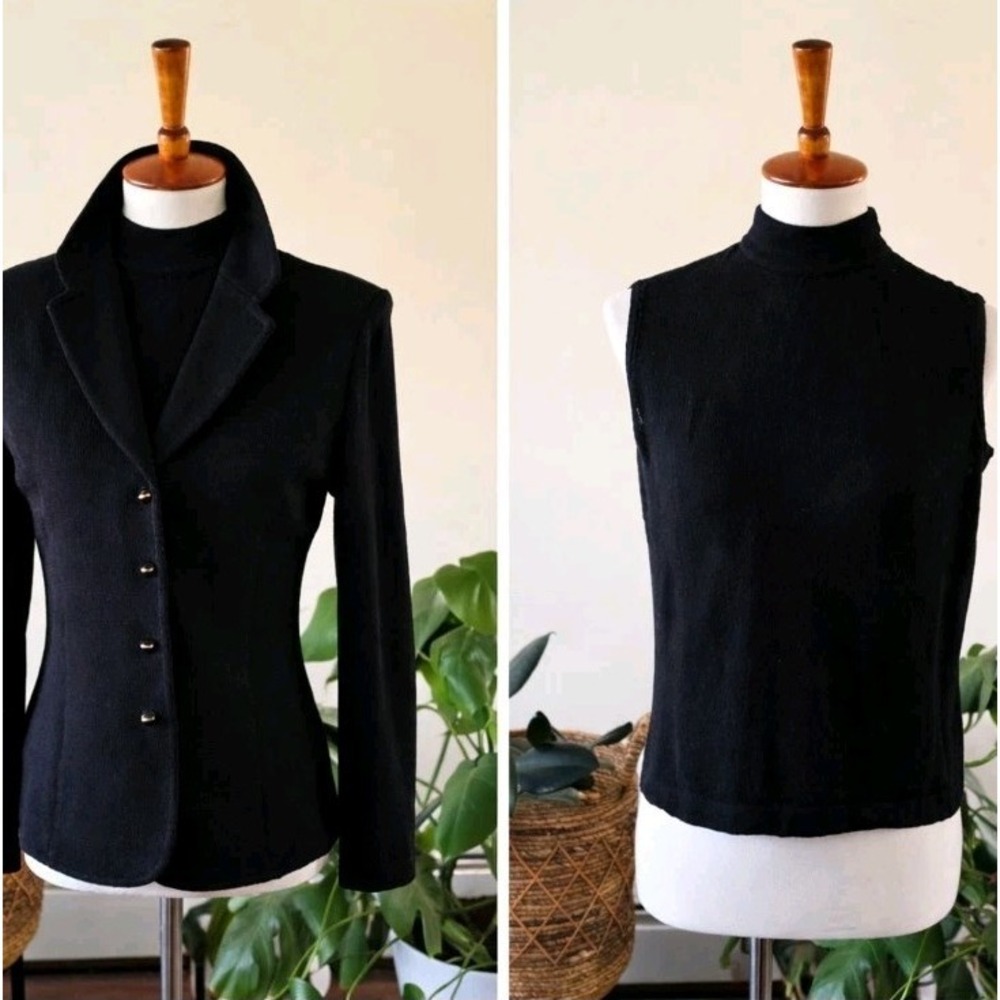 St John Marie Gray Santana Knit Jacket & Shell SET Black Wool Blend USA Size S